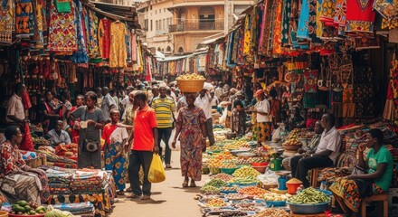 Obraz premium People shopping at a vibrant street market in Africa with fresh produce