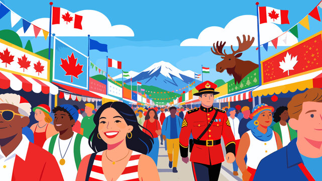 A lively outdoor Canadian festival scene with diverse people, flags, stalls, and a uniformed officer.