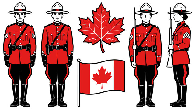 Illustration of Royal Canadian Mounted Police (RCMP) officers in red serge uniforms, alongside a Canadian flag and a red maple leaf symbol.