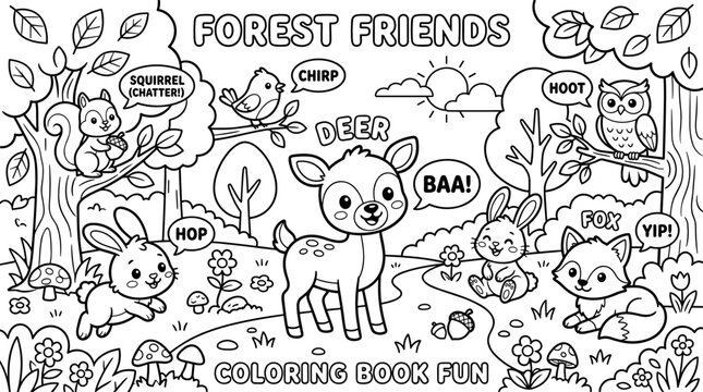Forest Friends Coloring Book with Deer, Rabbit, Fox, Owl, and Birds with Animal Sounds for Kids' Fun Learning and Creative Activity
