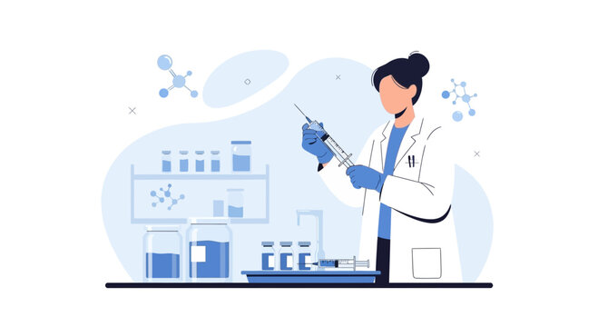 Scientist holding syringe in laboratory with equipment and molecules