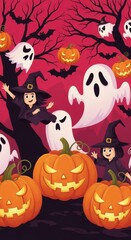 Fototapeta premium Festive Halloween Scene with Witches, Pumpkins, and Friendly Ghosts in Cartoon Style