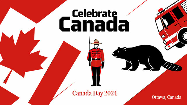 Celebrate Canada Day 2024 banner with Canadian flag, RCMP officer, beaver, and fire truck on a red and white background.