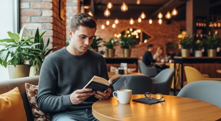 Fototapeta premium Young man reading a book and drinking coffee at a table in a cafe