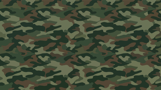 Seamless Military Camouflage Pattern Vector Illustration, Abstract Woodland Army Texture with Earthy Green Brown and Khaki Organic Shapes for Tactical Apparel and Graphic Design