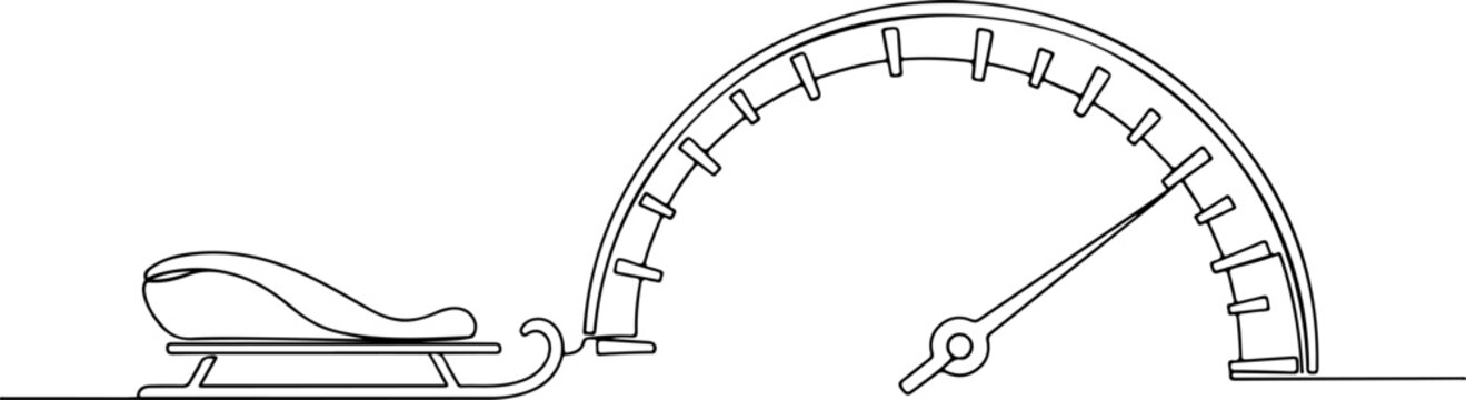 continuous line drawing of snow sled morphing into a curved speedometer gauge, representing winter sports, motion, and rapid performance, line art vector illustration