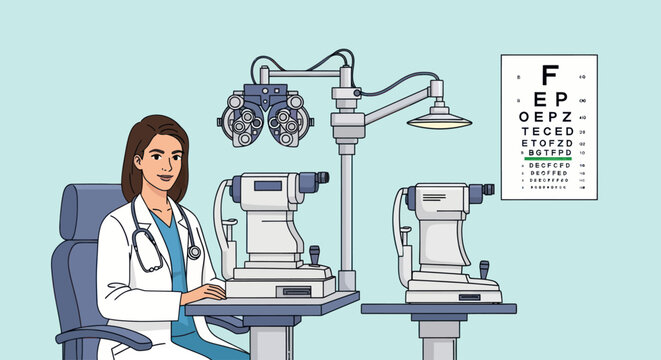 Female ophthalmologist in an eye clinic with professional optometry equipment and eye chart