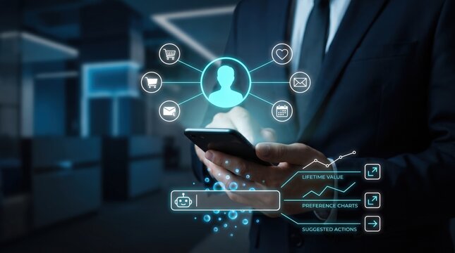 AI Marketing Analytics and Customer Profile Concept: Young Professional with Smartphone, Holographic CRM Dashboard, and Chatbot Insight Interface