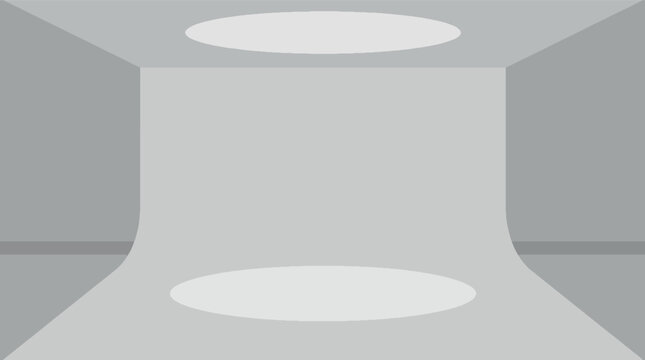 Empty professional photography studio interior featuring a seamless white cyclorama wall and smooth gray floor, minimalist stark workspace for creative media production.