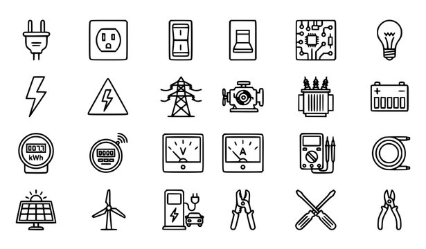 Editable Electricity Outline Icon Pack 24 Energy Power and Electrical System Symbols Vector Set for UI Design