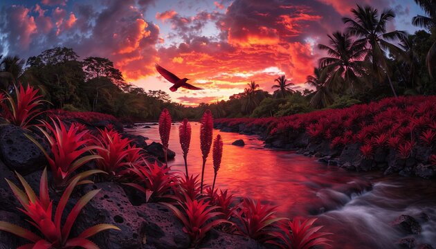 World Environment Day Volcanic Tropical Landscape Red Bromeliad Torch Ginger Sunset Dutch Angle 4K