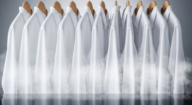 Row of white lab coats hanging on a rack, clean, professional, scientific, laboratory, healthcare, medical, uniform, apparel.