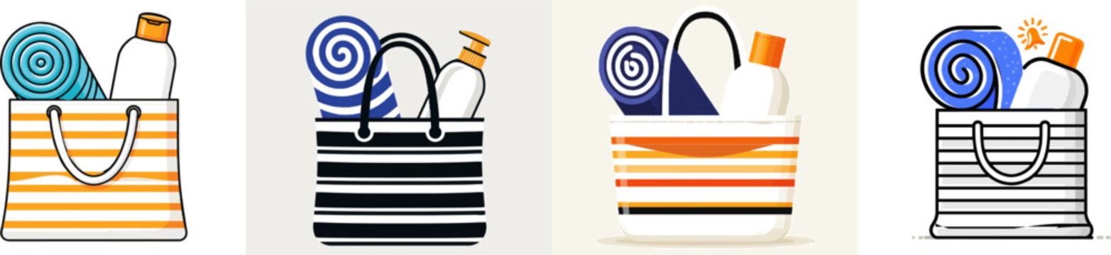 A striped beach bag filled with a rolled towel and sunscreen bottle, set against a clean geometric background