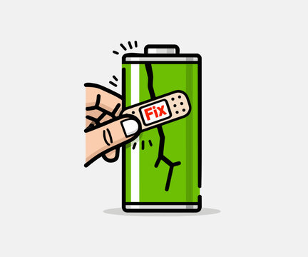 A hand places a beige bandage over a green battery icon with a crack, symbolizing the process of fixing an electrical issue in a clean geometric illustration style