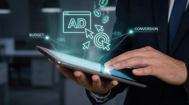 PPC Advertising and Performance Marketing Concept: Hands Holding Tablet with Holographic Ad Clicks, Falling Coins, and Conversion Rate Data Interface