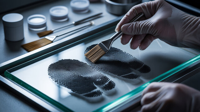 Close-up of a person dusting a fingerprint with a brush for forensic analysis