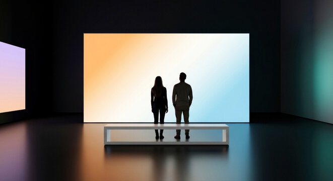 Digital installation screen with visitors and minimalist bench for corporate technology exhibition backdrop
