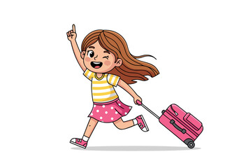 A happy and energetic young girl with a suitcase running with excitement, vector illustration for travel and vacation themes © Purnomo