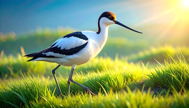 pied avocet bird walking through lush green grass at sunrise, golden sun rays and soft bokeh background, natural wildlife scene