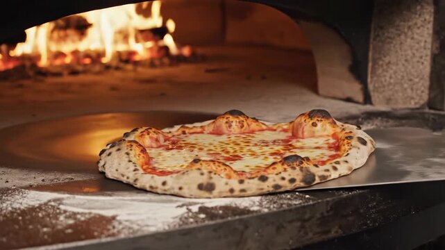 Hand Using Metal Peel to Rotate Neapolitan Pizza in Hot Wood Fired Brick Oven with Blazing Flames