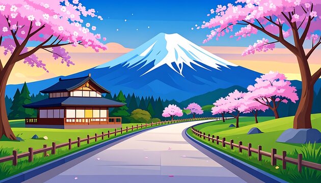 Pixel art landscape of Mount Fuji in spring with blooming cherry blossom trees and a traditional Japanese house beside a pathway, vibrant colors, serene atmosphere, digital illustration