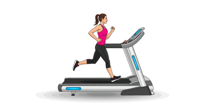 Woman running on a treadmill for cardio fitness isolated on a white background