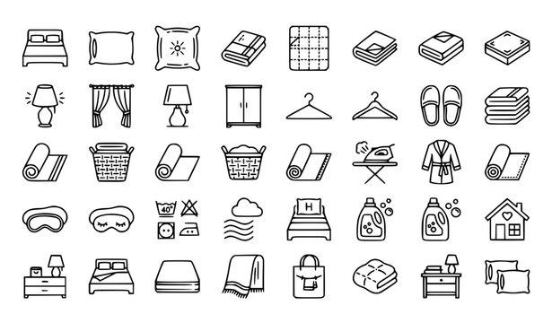 Bedroom linen flat line 30 icon set with bed pillows blanket and editable stroke vector collection