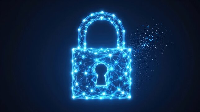 Digital lock created with glowing lines and dots on dark background showing cybersecurity concept