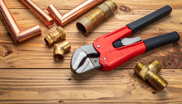 Plumbing tools and copper pipes, adjustable wrench, fittings, and connectors arranged on a weathered wooden background, home repair and DIY concepts