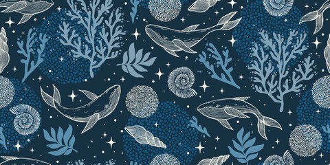 Seamless pattern with corals, whales, stars, seashell. Natural abstract print. Vector graphics. © Любовь Овсянникова