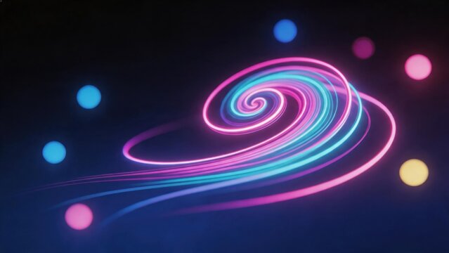 Neon spiral light pattern with glowing orbs