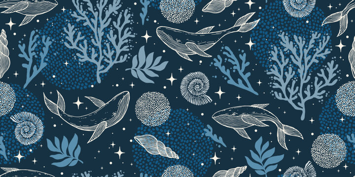 Seamless pattern with corals, whales, stars, seashell. Natural abstract print. Vector graphics.