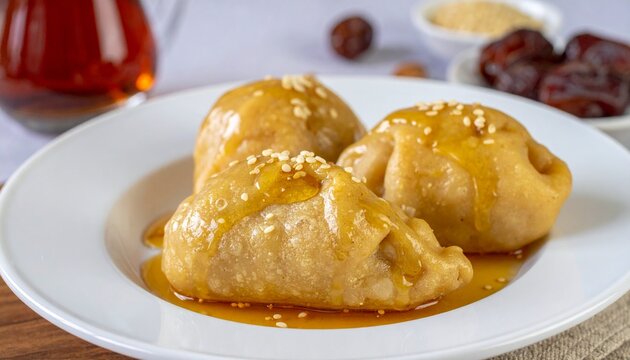 Sweet luqaimat dumplings drizzled with date syrup and sesame seeds, traditional Gulf dessert style