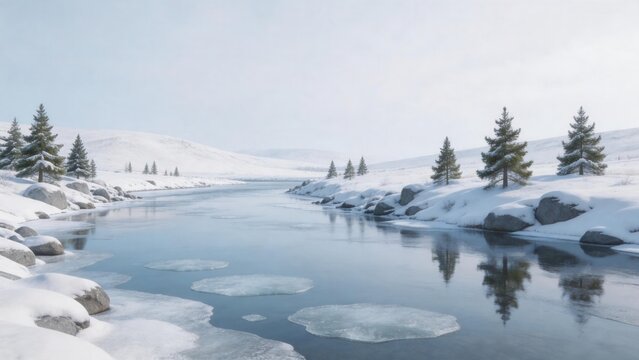 Snowy river with evergreen trees
