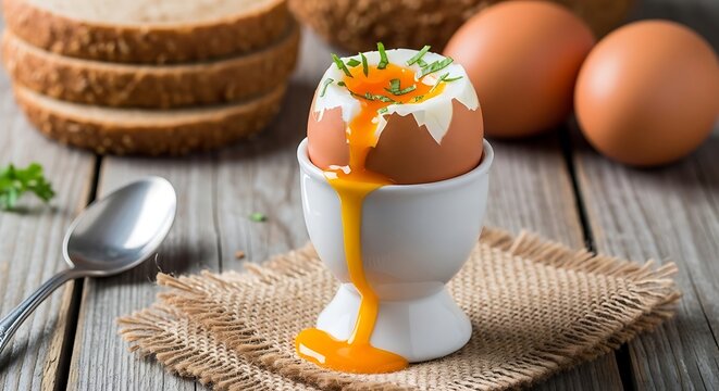 Hard boiled egg with runny yolk in white cup on rustic table setting