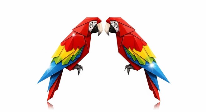 Two colorful origami macaws facing each other on a white background.