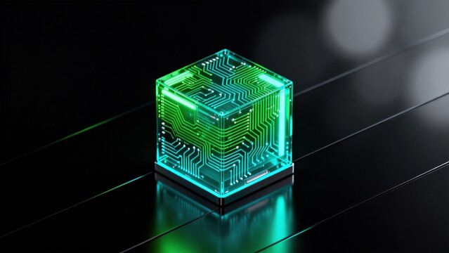 Transparent cube with glowing circuit board