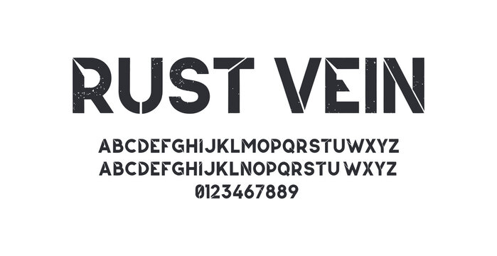 Bold rust vein display font text with abc alphabet and numbers