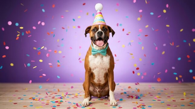 Boxer dog wearing a colorful party hat and bow tie on purple background with confetti