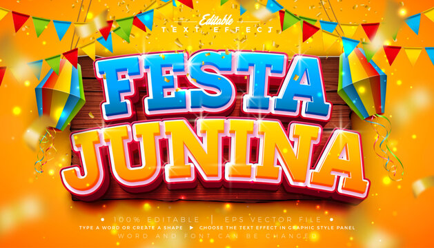 Festa Junina Text Effect Design Editable Vector Graphic Style with 3d Typography Lettering, Party Flag and Paper Lantern on Vintage Wood Board Background. Premium Scalable Illustration Template