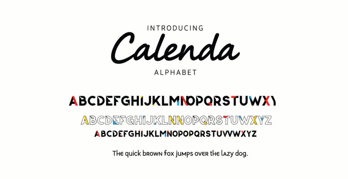 Colorful calenda alphabet and font display with sample text