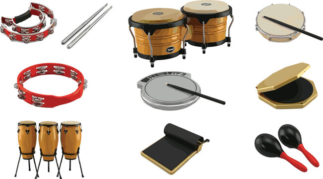 Professional percussion musical instruments set featuring realistic 3D bongos congas maracas tambourine drumsticks and rhythmic wood blocks for music production and educational design projects.