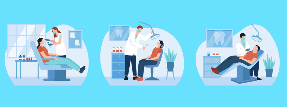 Dental clinic flat vector illustration set, professional dentist examining patient in medical chair, stomatology healthcare and oral hygiene concept