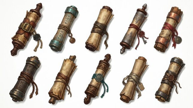 Collection of fantasy scrolls with intricate designs and seals