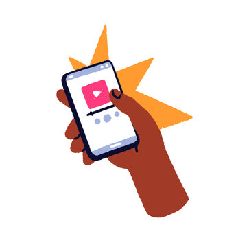Smartphone screen with audio player interface. Hand holding mobile phone with music track, podcast app playing. Online streaming service. Flat vector illustration isolated on white background