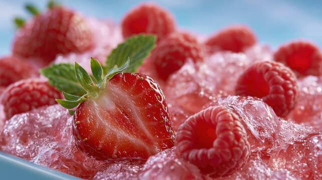 Fresh strawberry and raspberry with mint leaf on crushed ice. Cold summer dessert concept. Berry mix in bowl with icy refreshment for healthy nutrition. Culinary fruit background.