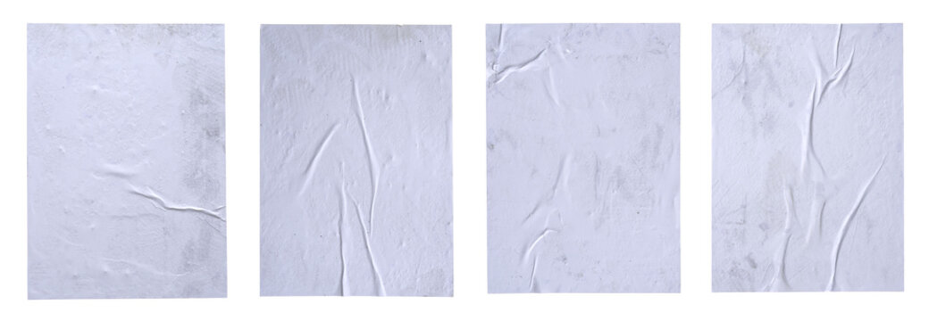 Four vertical white glued poster textures on a white background with realistic wrinkles and wet paper effects for mockup design.
