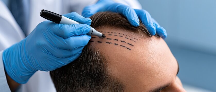 Preparation for hair restoration procedure with doctor marking areas on patient's scalp for implantation