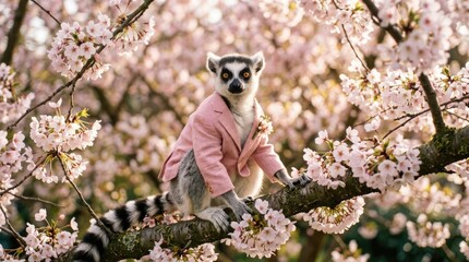 Fototapeta premium Ring tailed lemur in business attire amongst cherry blossoms