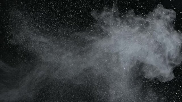 Slow motion white powder burst exploding against black background in a dramatic cinematic 4K abstract cloud